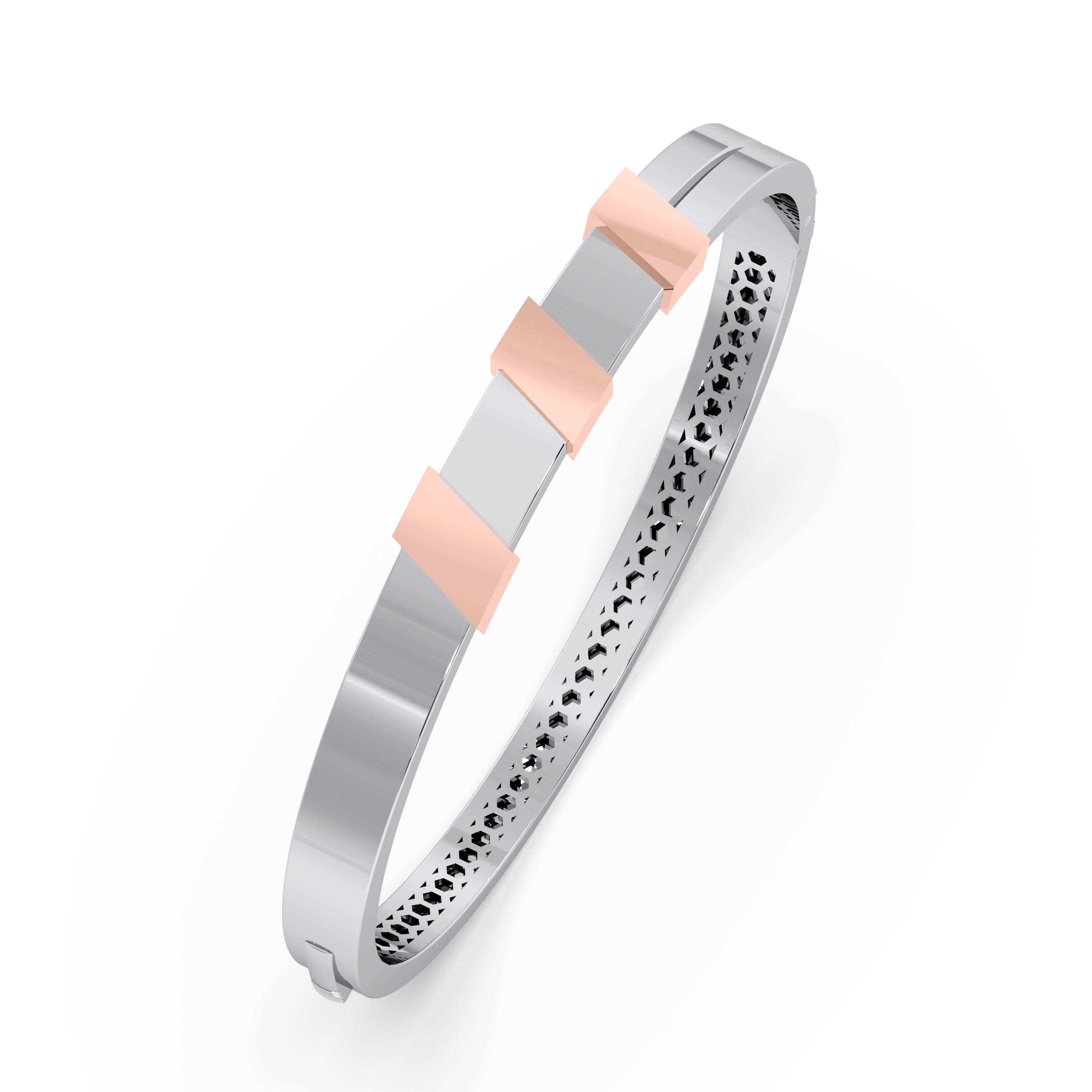 Sleek Dual-Tone Platinum Bangle with Modern Rose-Gold Bar Accents