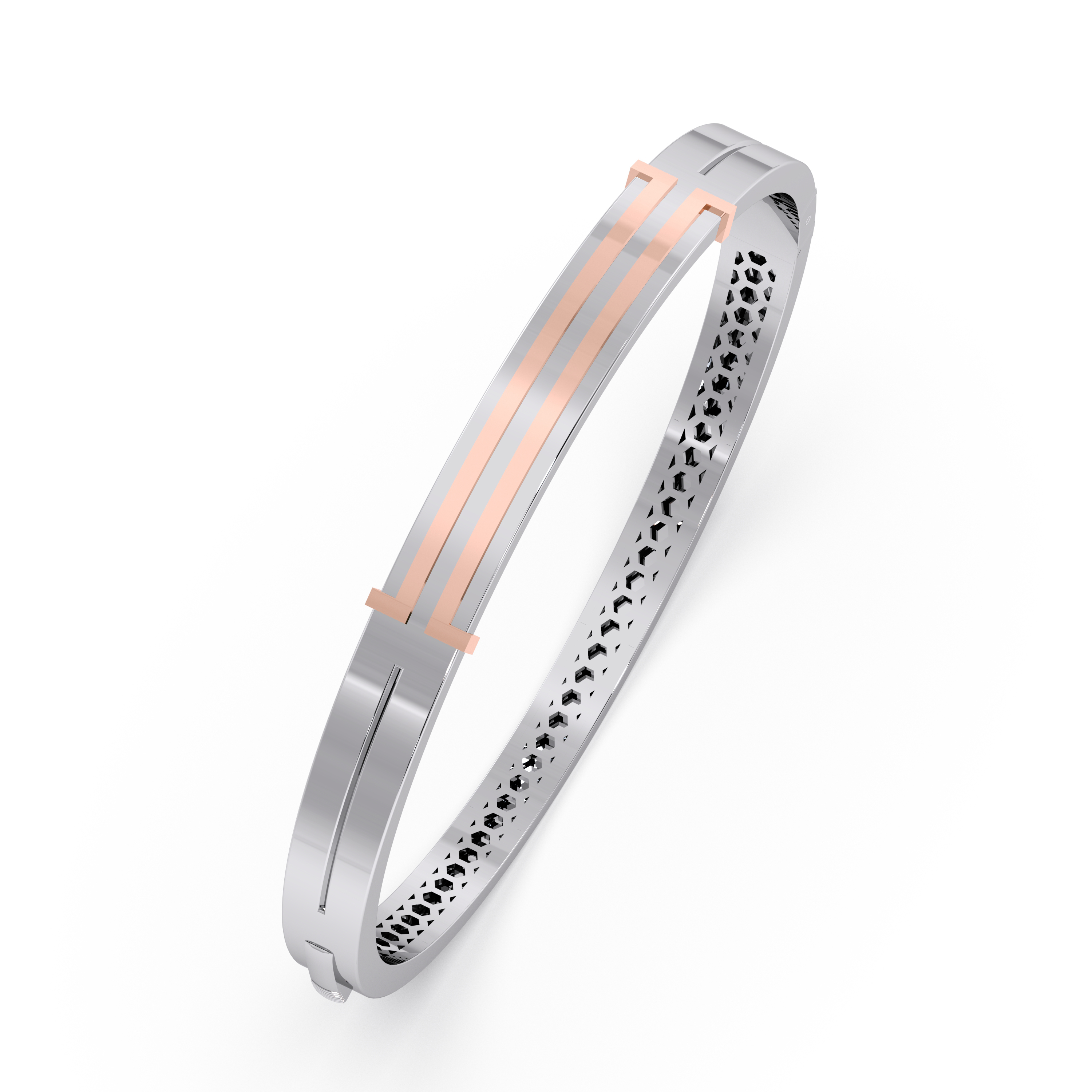 Dual-Tone Platinum Bangle with Elegant Twin Rose-Gold Stripes