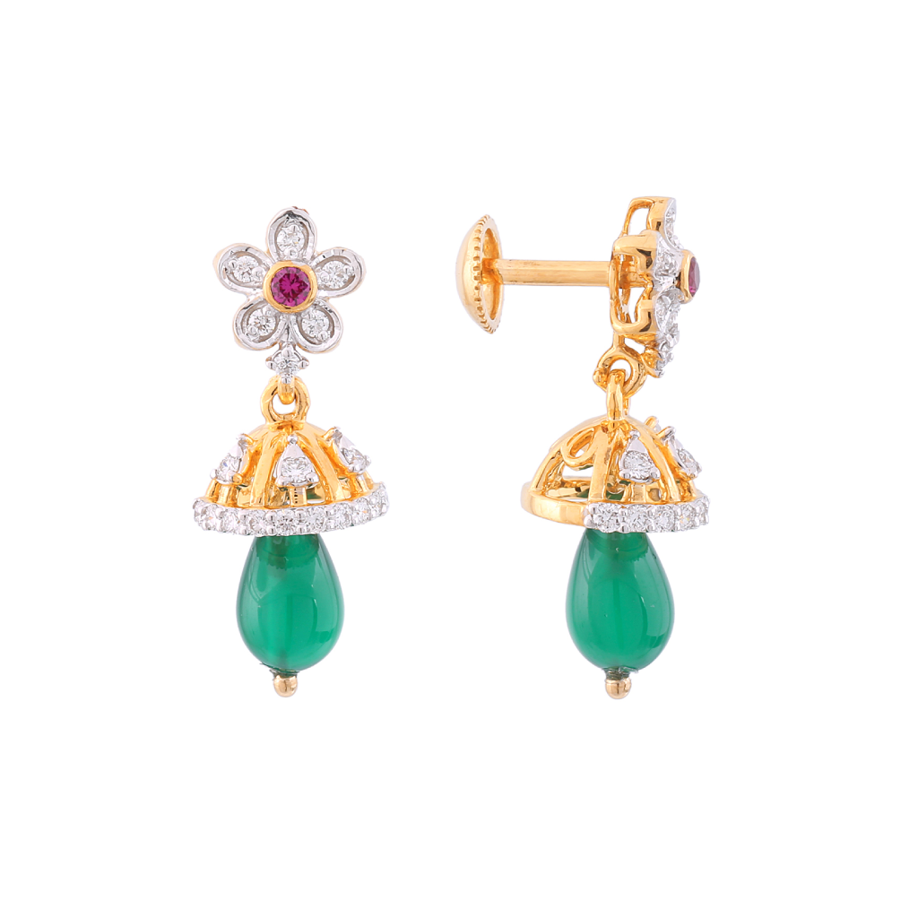 Elegant Floral Diamond &amp; Emerald Drop Earrings in Yellow Gold