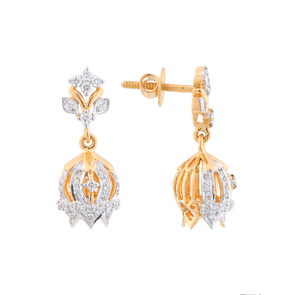 Diamond Lotus Drop Jhumka Earrings in Two-Tone Gold Finish