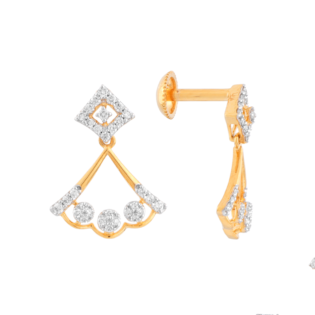 Geometric Diamond Fan Drop Earrings in Yellow Gold Finish