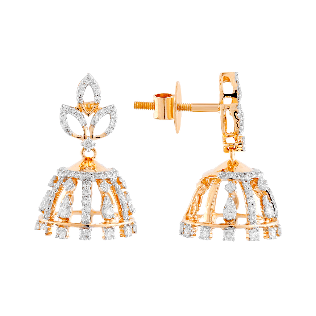 Leaf Motif Diamond Jhumka Earrings in Yellow Gold