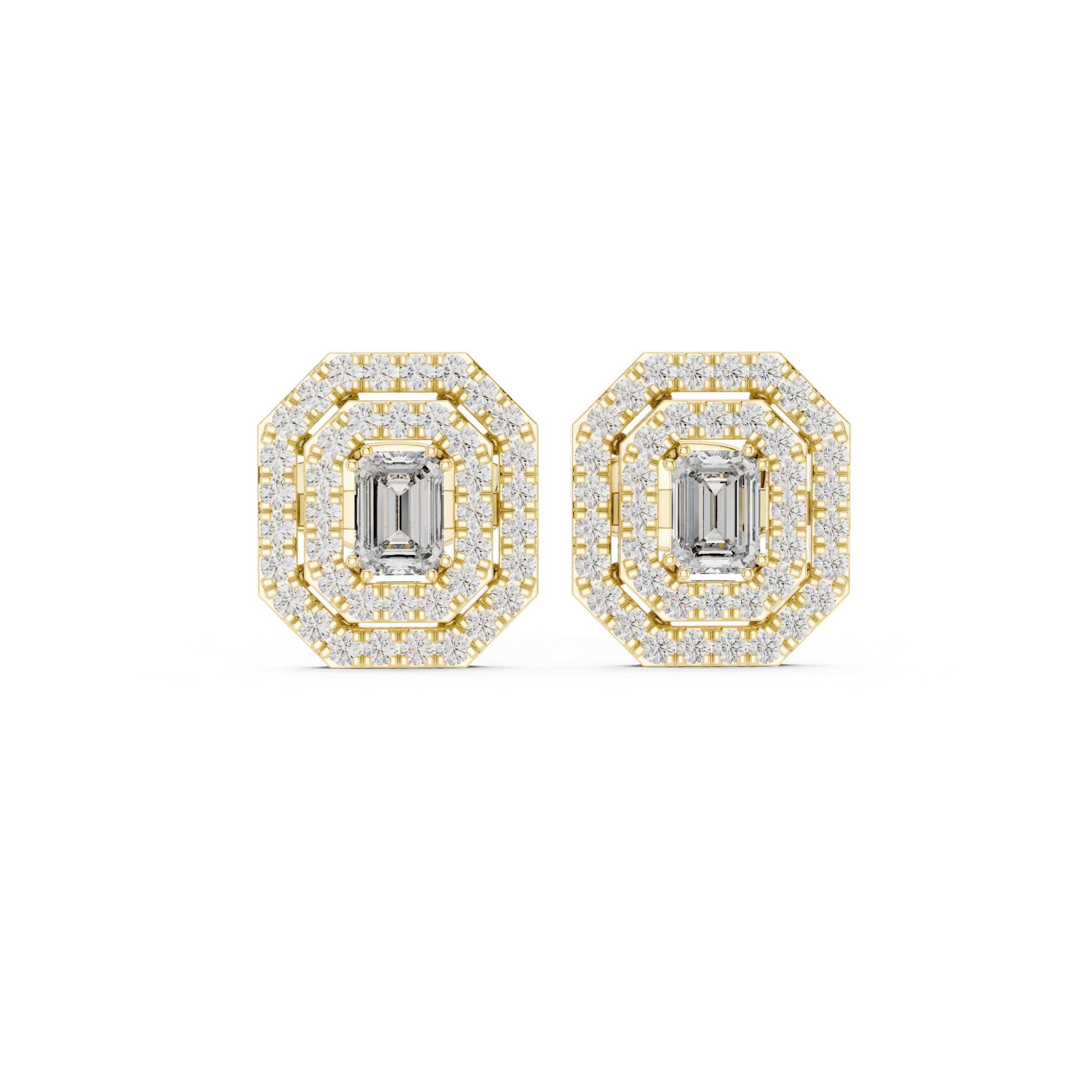 Emerald-Cut Diamond Halo Gold Stud Earrings