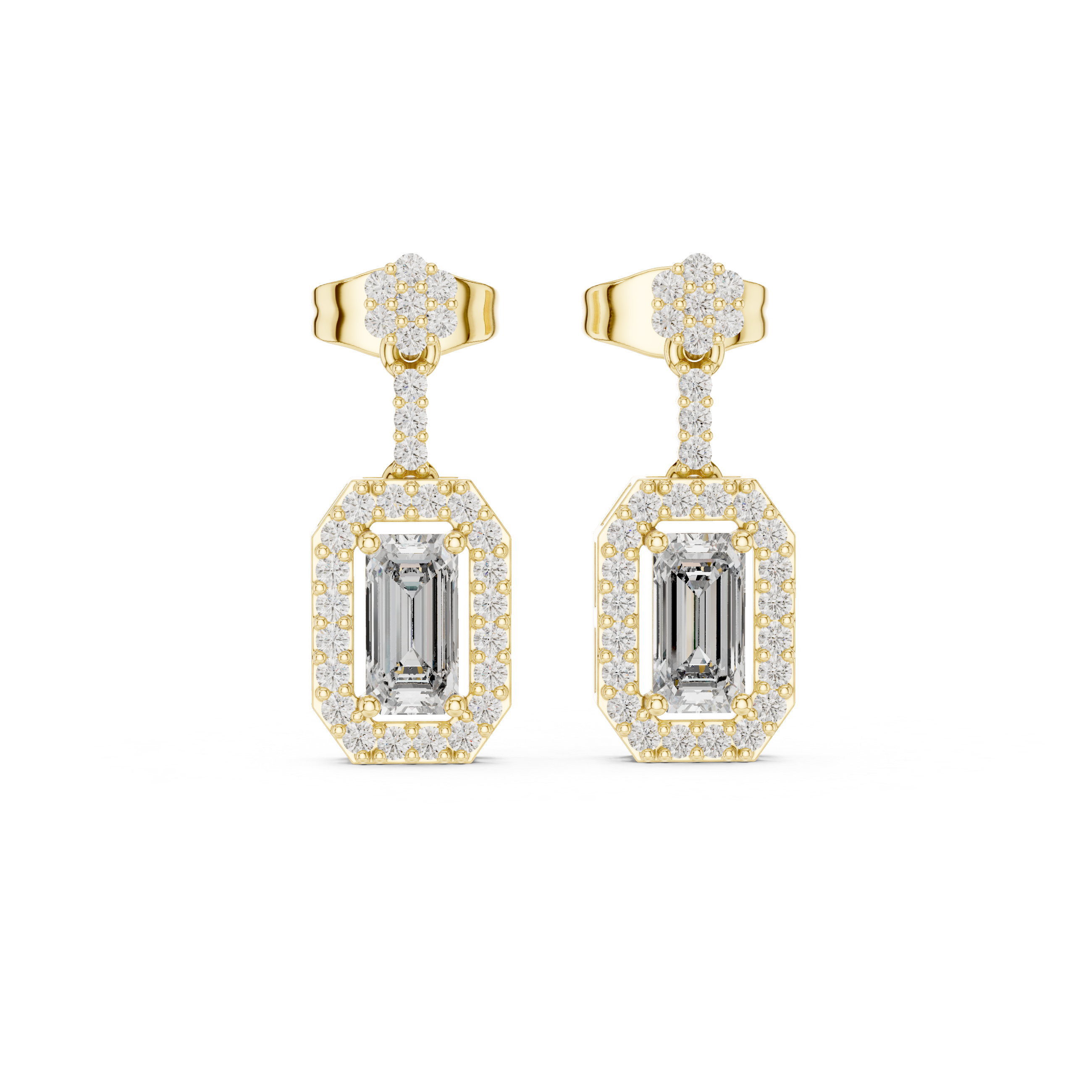 Emerald-Cut Halo Diamond Drop Earrings in Yellow Gold