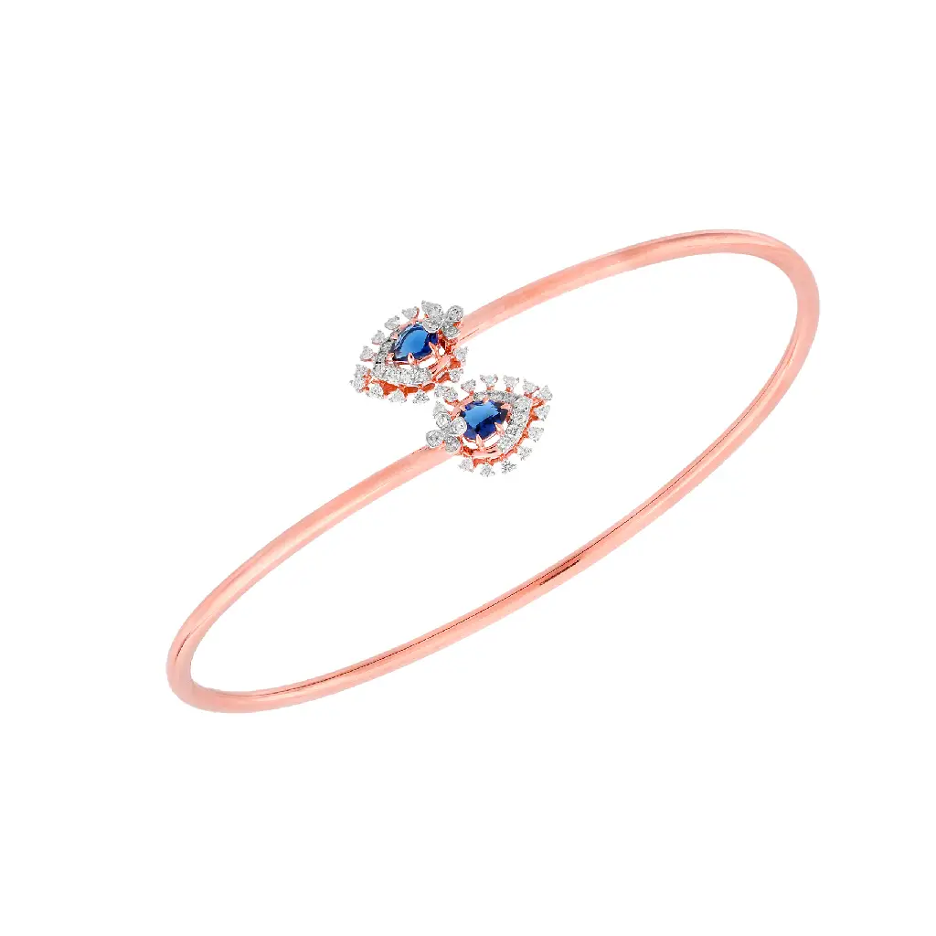 Rose Gold Diamond &amp; Blue Stone Twin Halo Open Cuff Bracelet