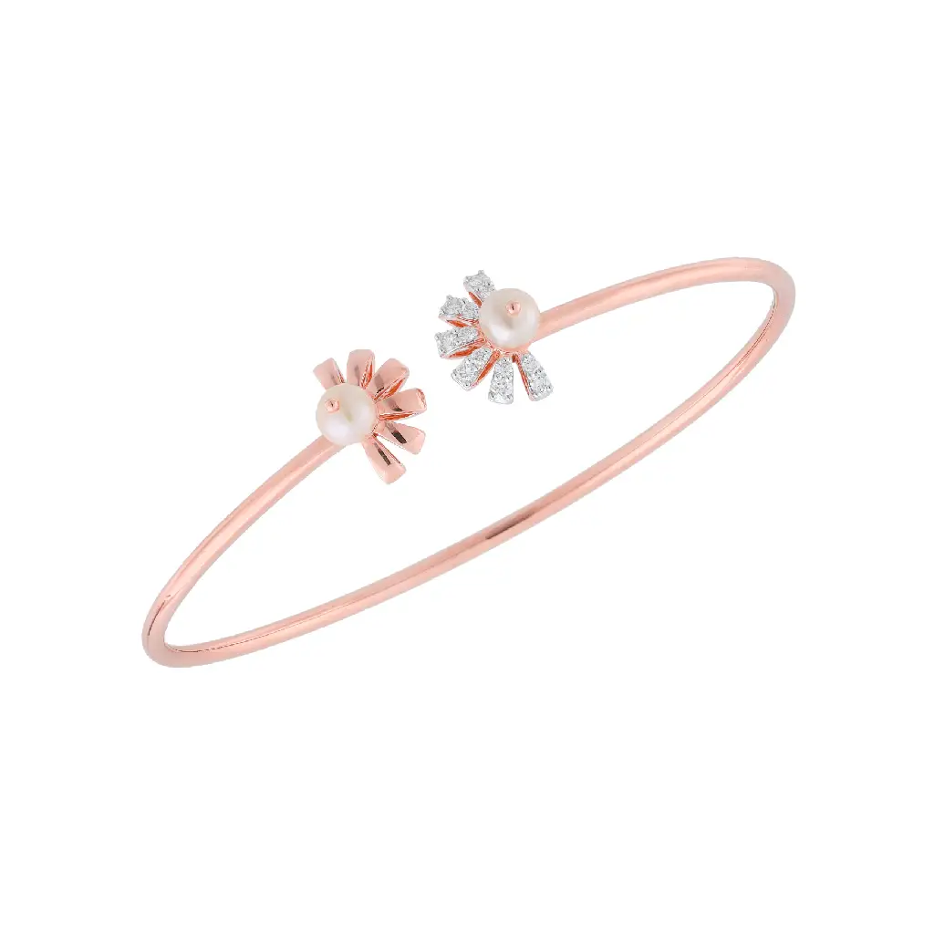 Rose Gold Pearl &amp;amp; Diamond Floral Open Bangle