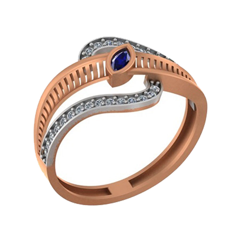 Elegant Wave Two-Tone Diamond Ring with Blue Gemstone Accent