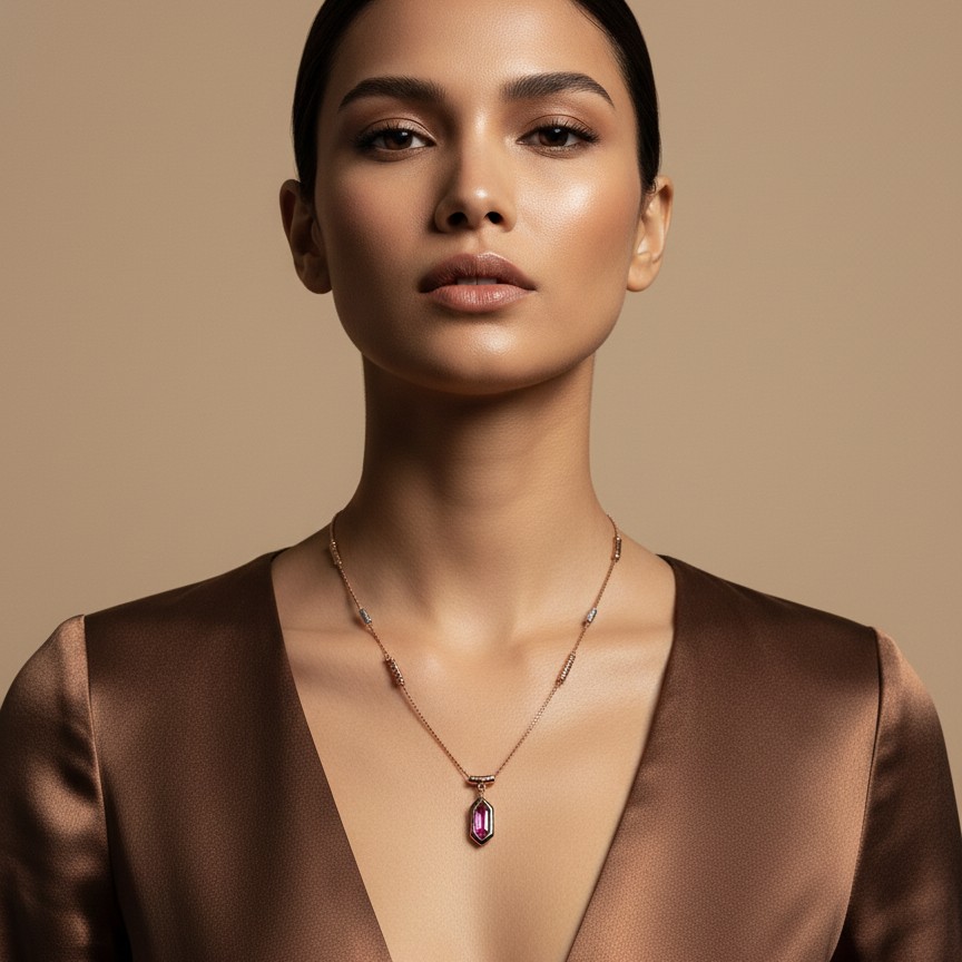 Rose Gold Pink Emerald-Cut Halo Pendant Necklace