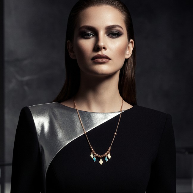 Rose Gold Enamel Charm Necklace with Dual-Tone Geometric Pendants