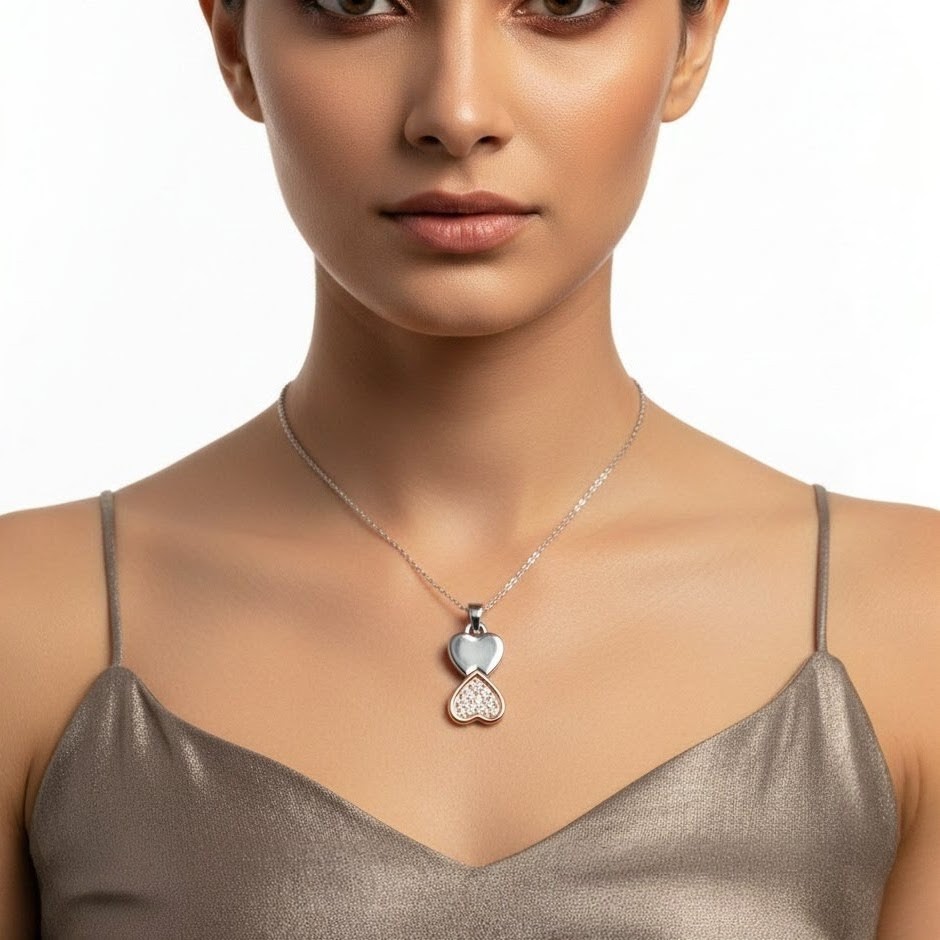 Dual-Tone Double Heart Diamond Pendant with Pavé Rose-Gold Accent